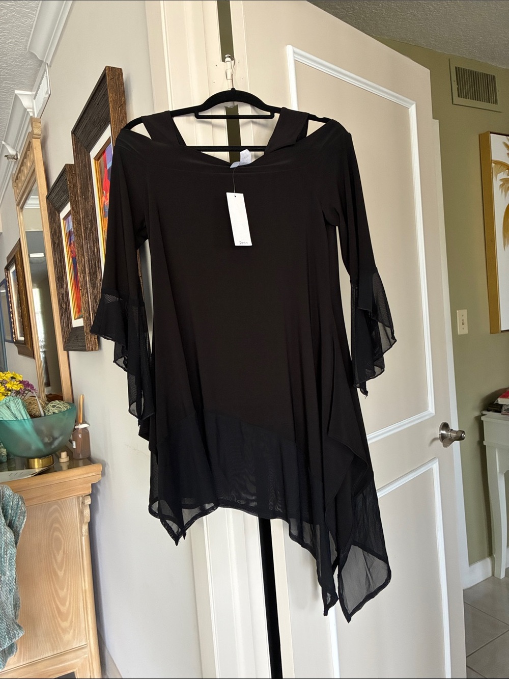 Women's Black Asymmetric Tunic with Ruffled Sleeves and Mesh trim